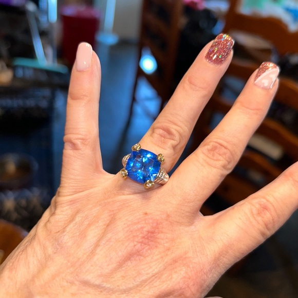 Judith Ripka, 925 silver and 18 karat yellow gold cushion cut blue stone size 6 - Picture 4 of 13